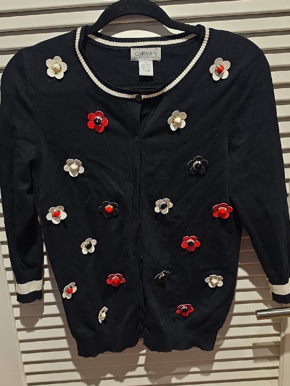 Carmen Marc Valvo Black Floral Appliqué Cardigan with Red and Cream Flowers